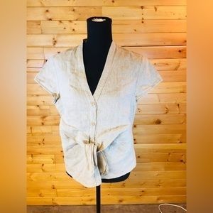 Ecru Short Capped Sleeves Bouse By Kasper, V-Neck - Buttoned, Faux Tied